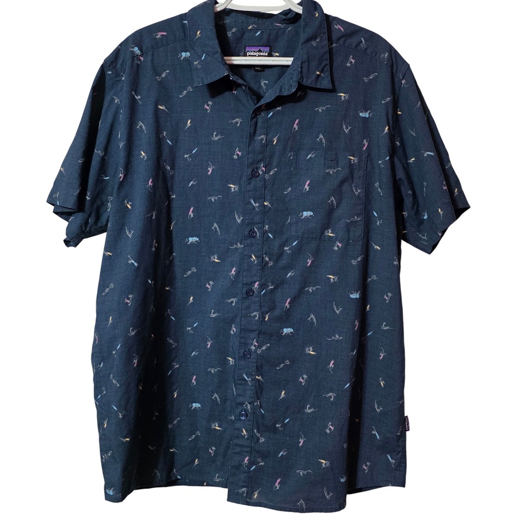 Patagonia Mens XL Button Up Shirt Blue Surfer Print Organic Cotton Gorpcore